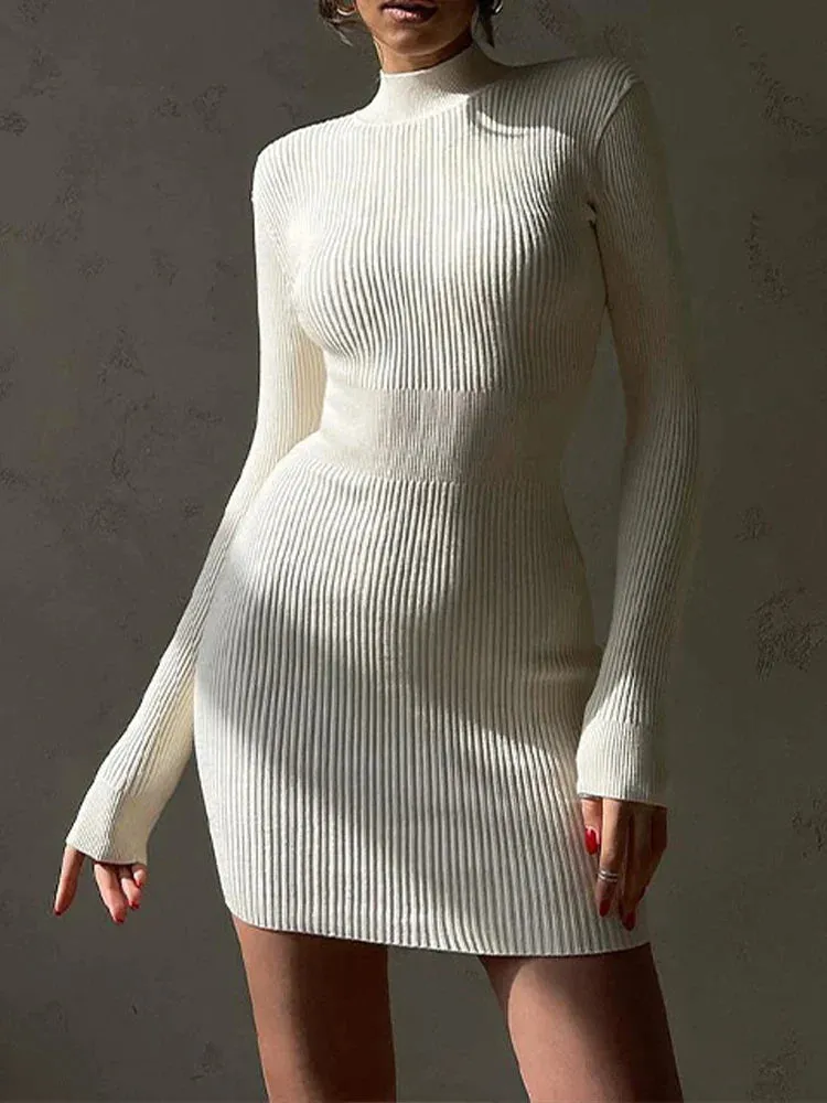 2024 Knitted White Turtleneck Elegant Fashion Midi Bodycon Dress