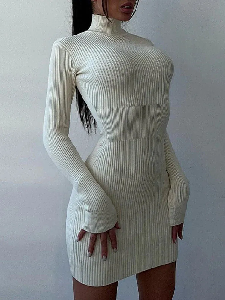 2024 Knitted White Turtleneck Elegant Fashion Midi Bodycon Dress