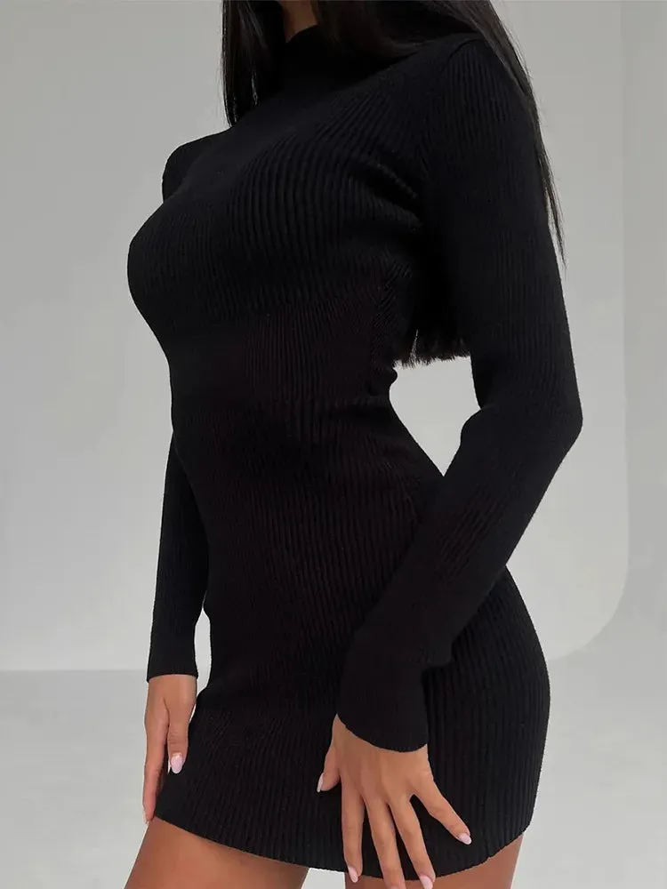 2024 Knitted White Turtleneck Elegant Fashion Midi Bodycon Dress