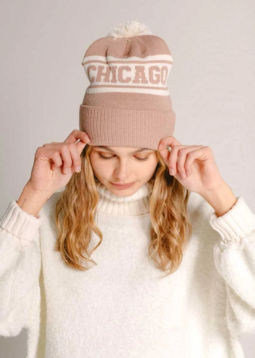 Adult Mad Hatter Chicago Pom Beanie - Neutral