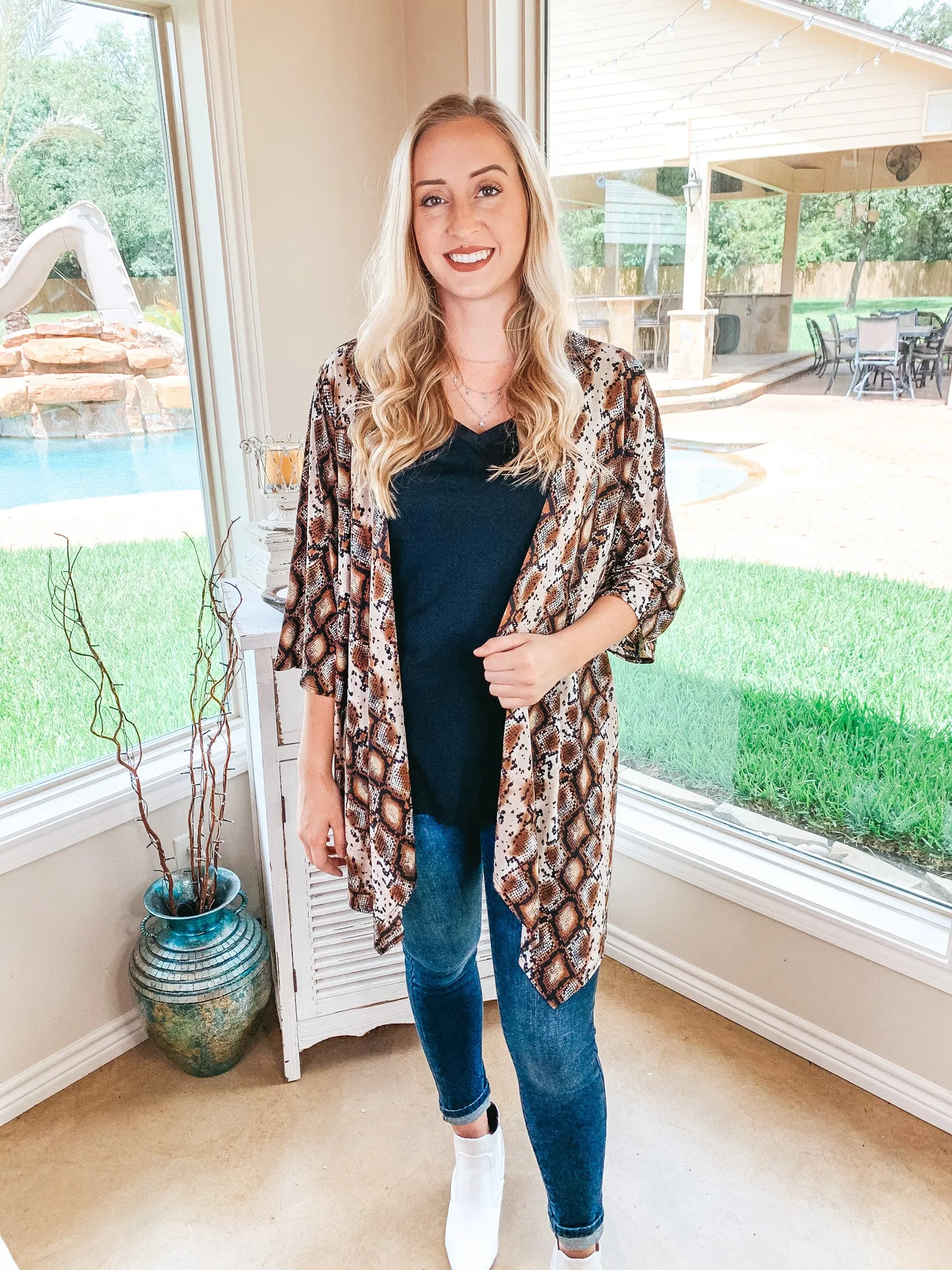 All Eyes On You Snakeskin Cardigan in Brown