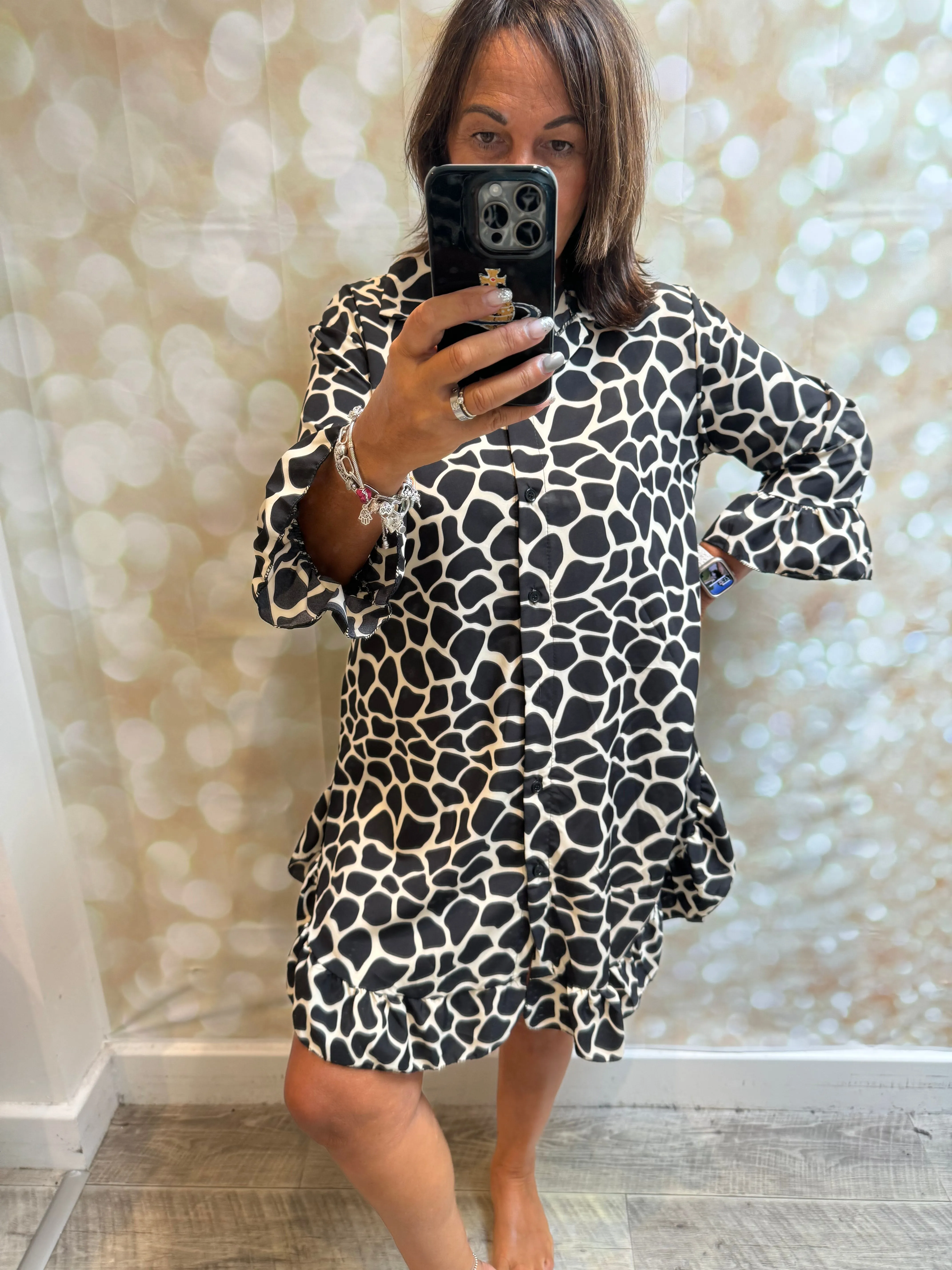 Animal print dress with frill hem