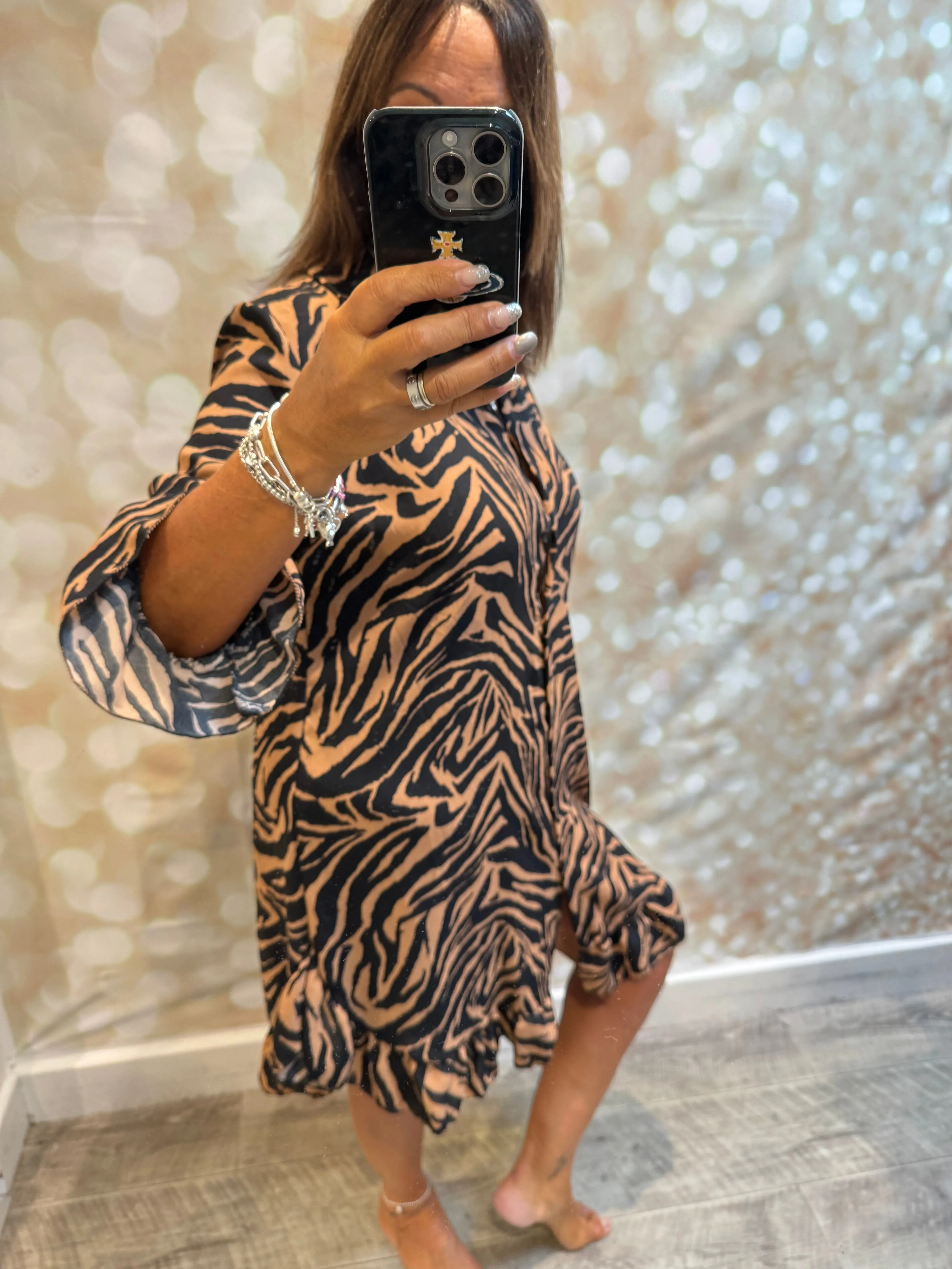 Animal print dress with frill hem