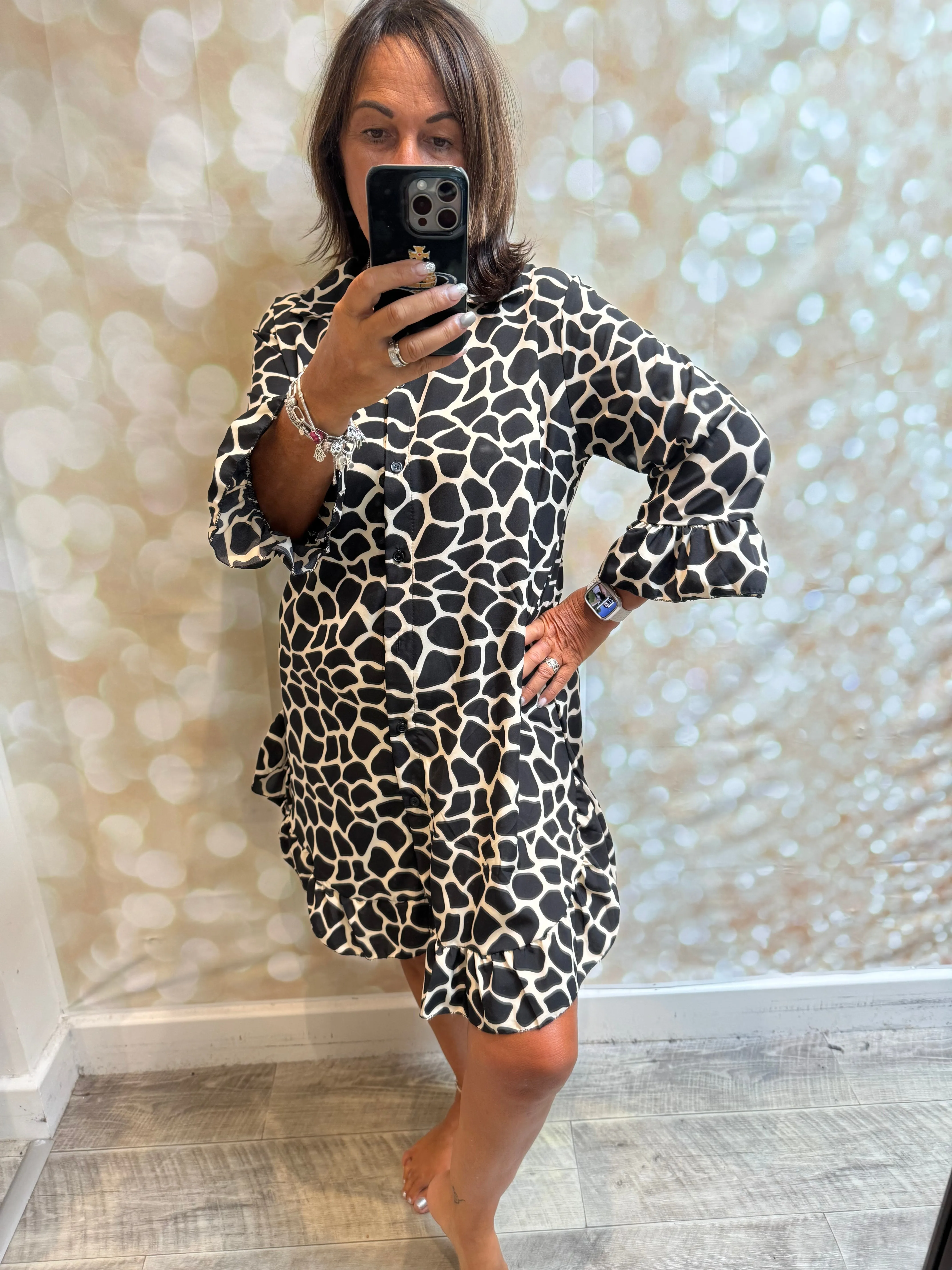 Animal print dress with frill hem