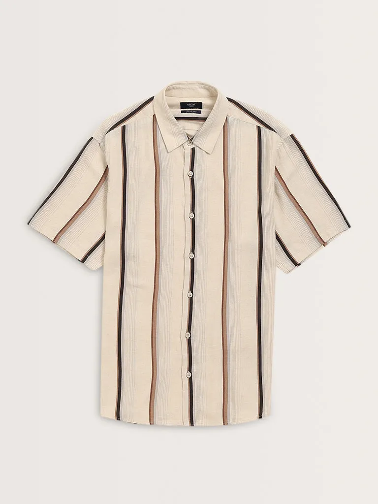 Ascot Beige Stripe Printed Relaxed-Fit Blended Linen Shirt