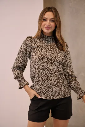 Aurora Leopard Shirred Neck Long Sleeve Top