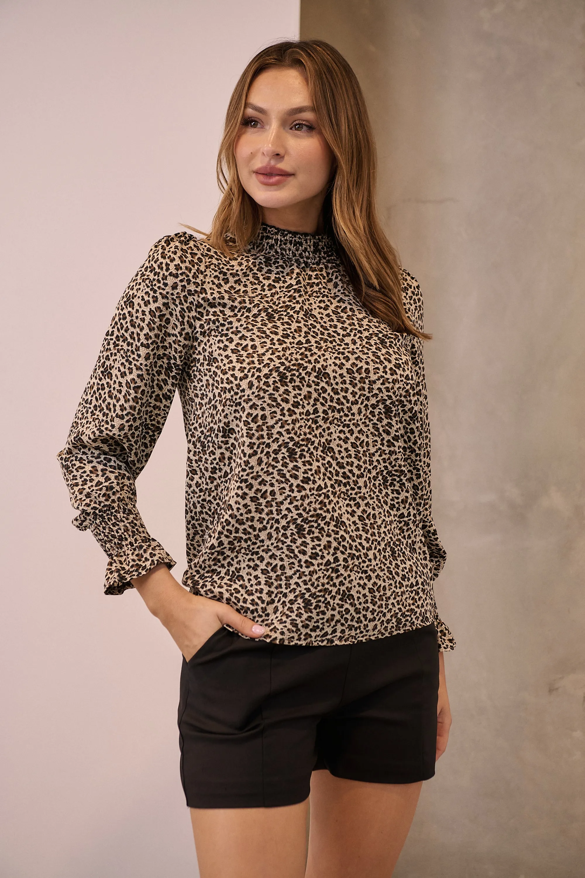 Aurora Leopard Shirred Neck Long Sleeve Top