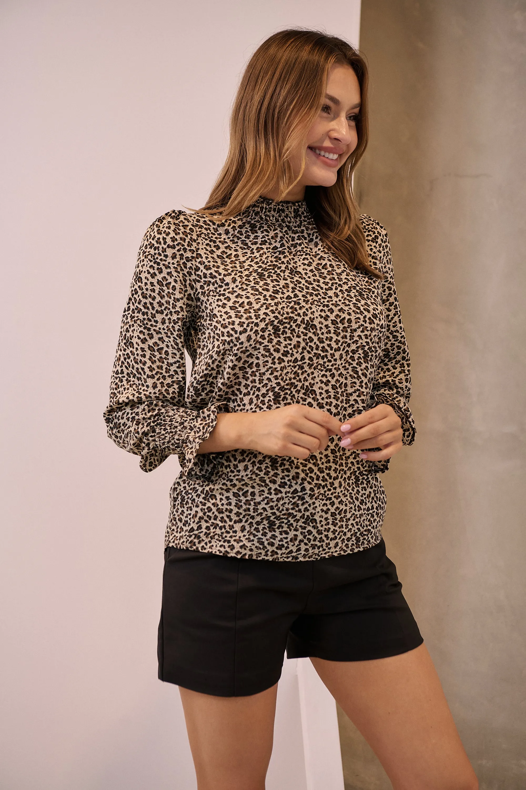 Aurora Leopard Shirred Neck Long Sleeve Top