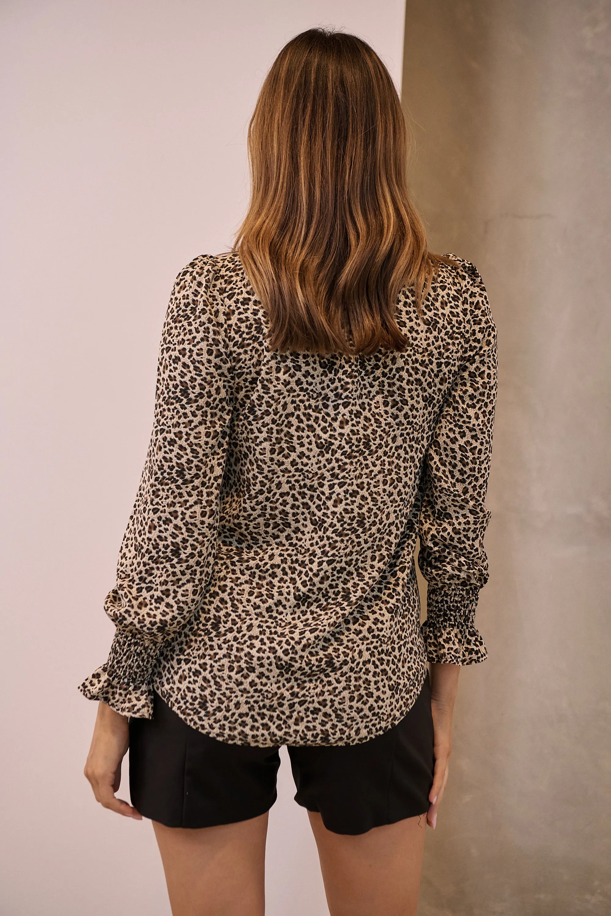 Aurora Leopard Shirred Neck Long Sleeve Top