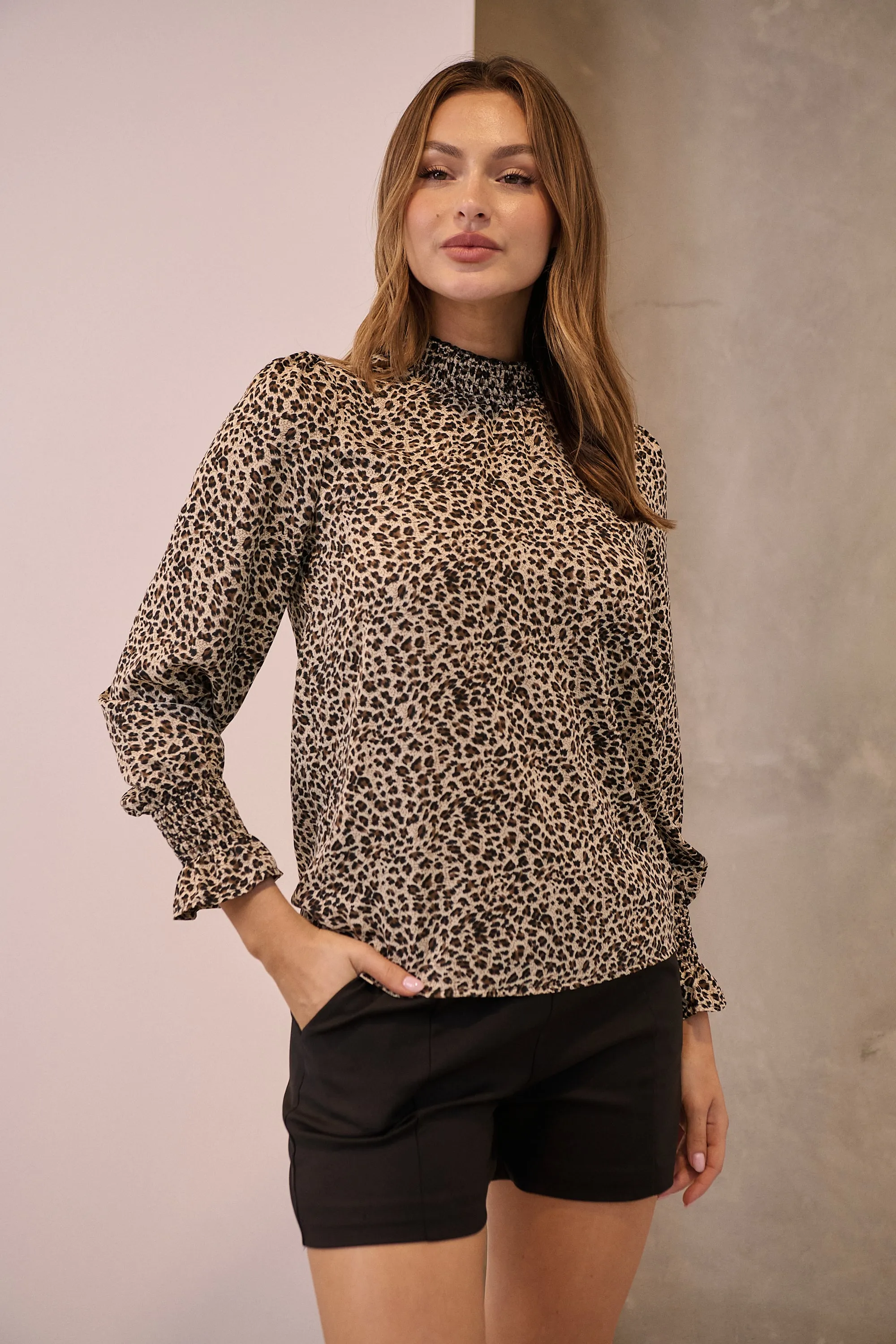 Aurora Leopard Shirred Neck Long Sleeve Top