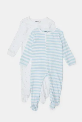 Baby Blue And White Printed Sleepsuit Set (Pack of 2)