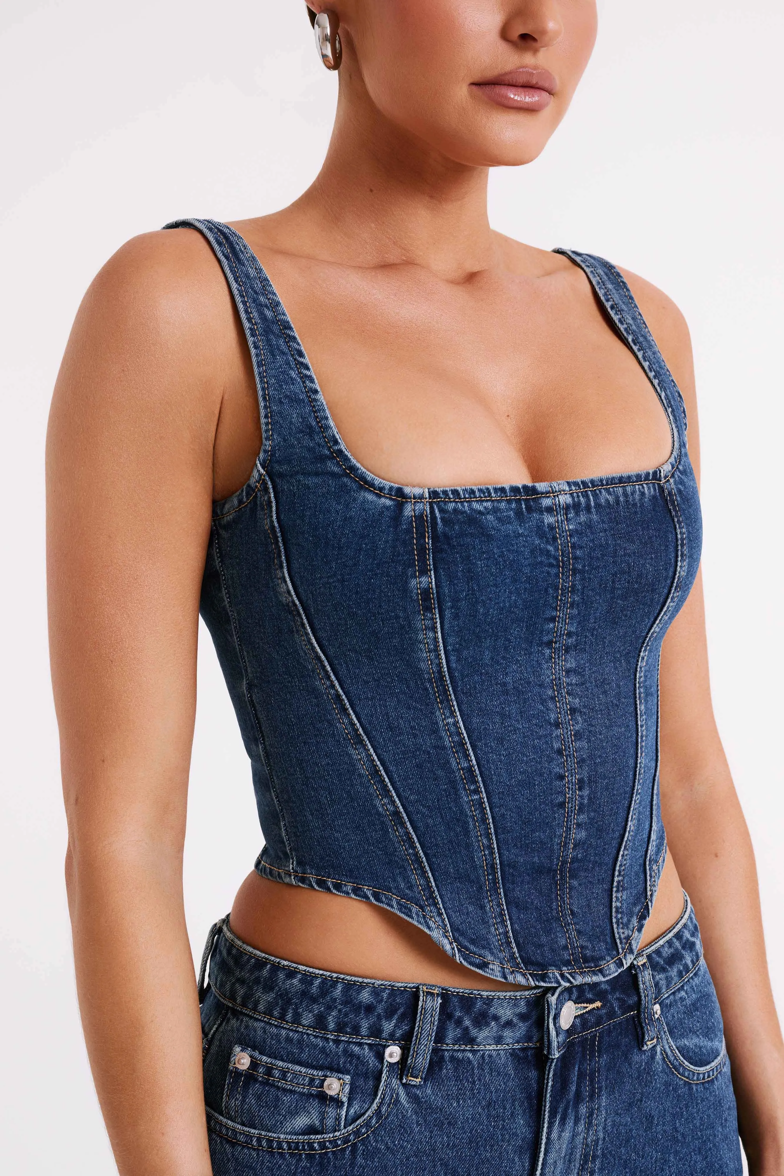 Bianca Denim Lace Up Corset - Dark Blue