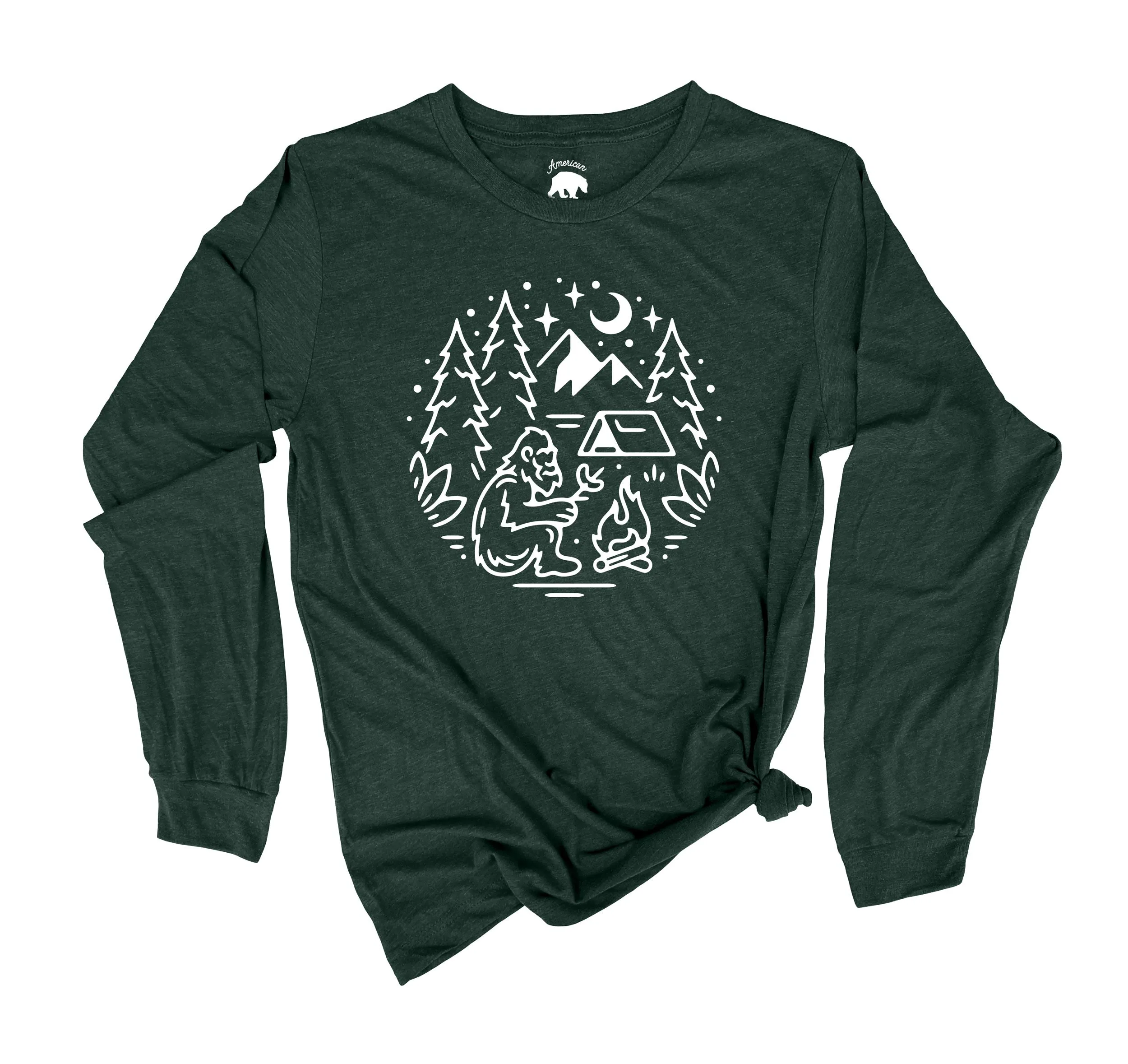 Bigfoot Camping   Bonfire Adult Long Sleeve Shirts - light or dark artwork