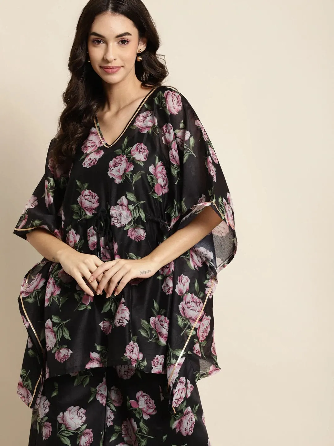 Black & Pink Floral Short Kaftan Top