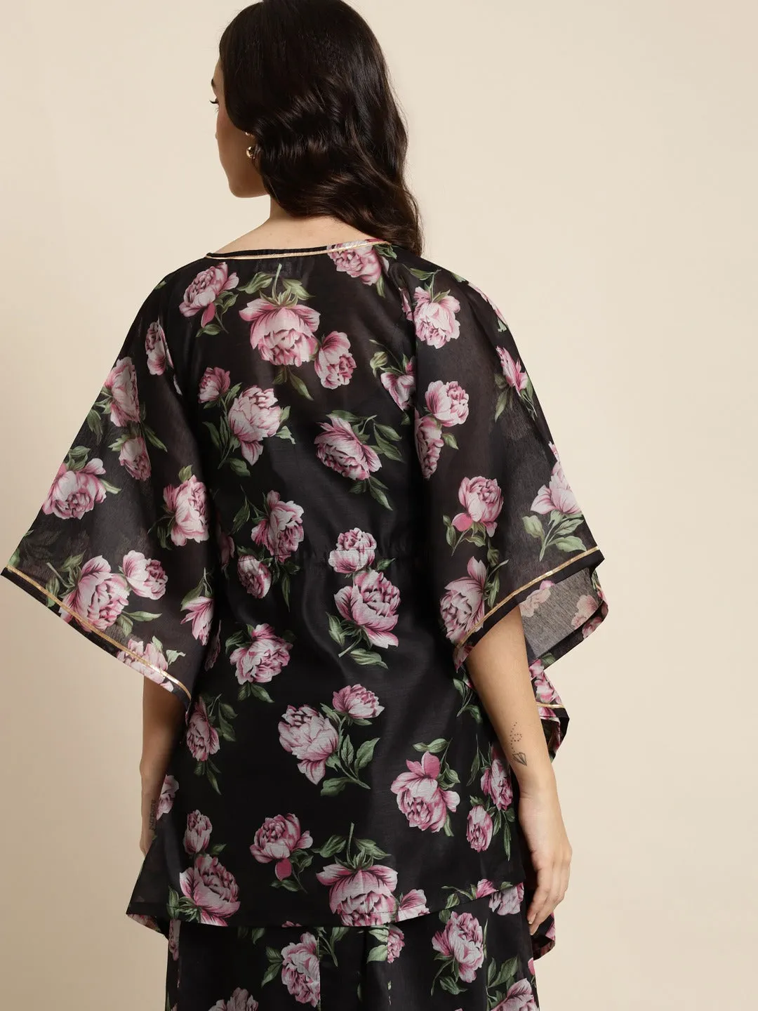 Black & Pink Floral Short Kaftan Top