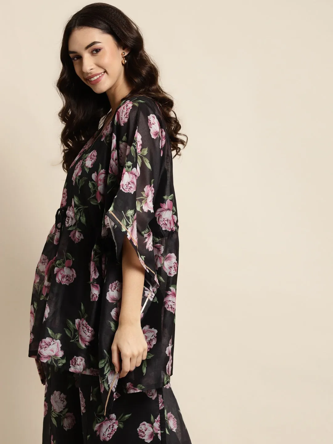 Black & Pink Floral Short Kaftan Top