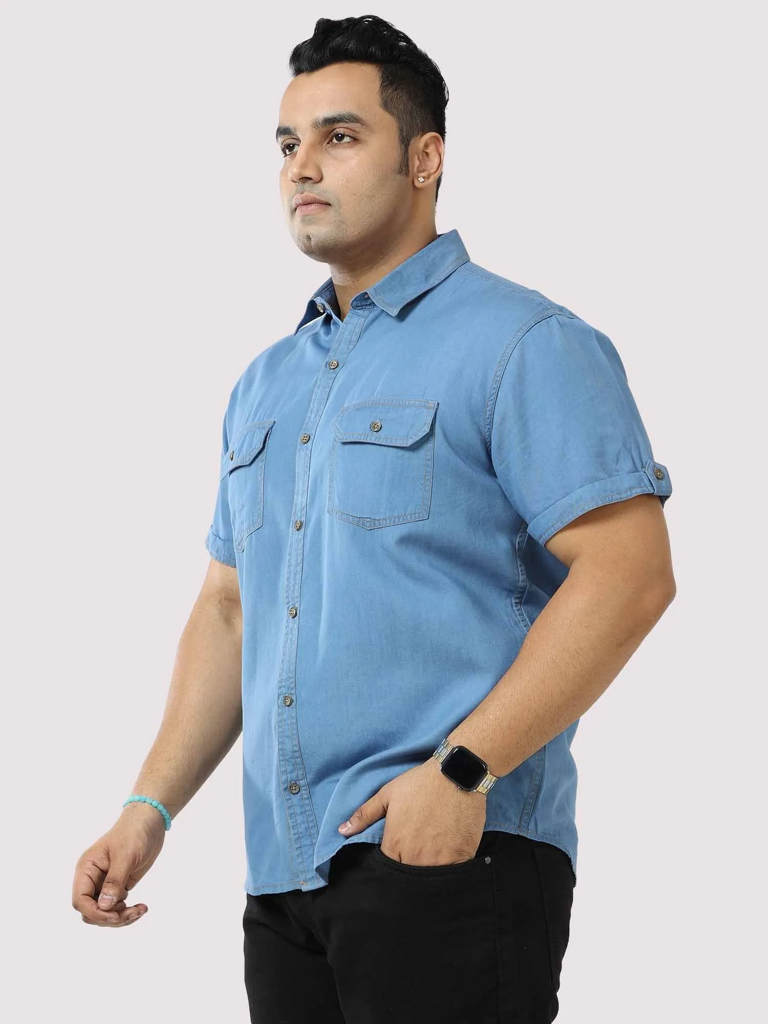 Blue Denim Double Pocket Half Sleeve Shirt Men's Plus Size