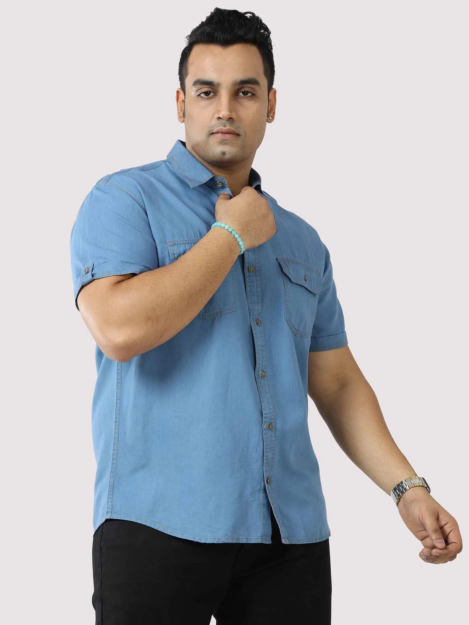 Blue Denim Double Pocket Half Sleeve Shirt Men's Plus Size