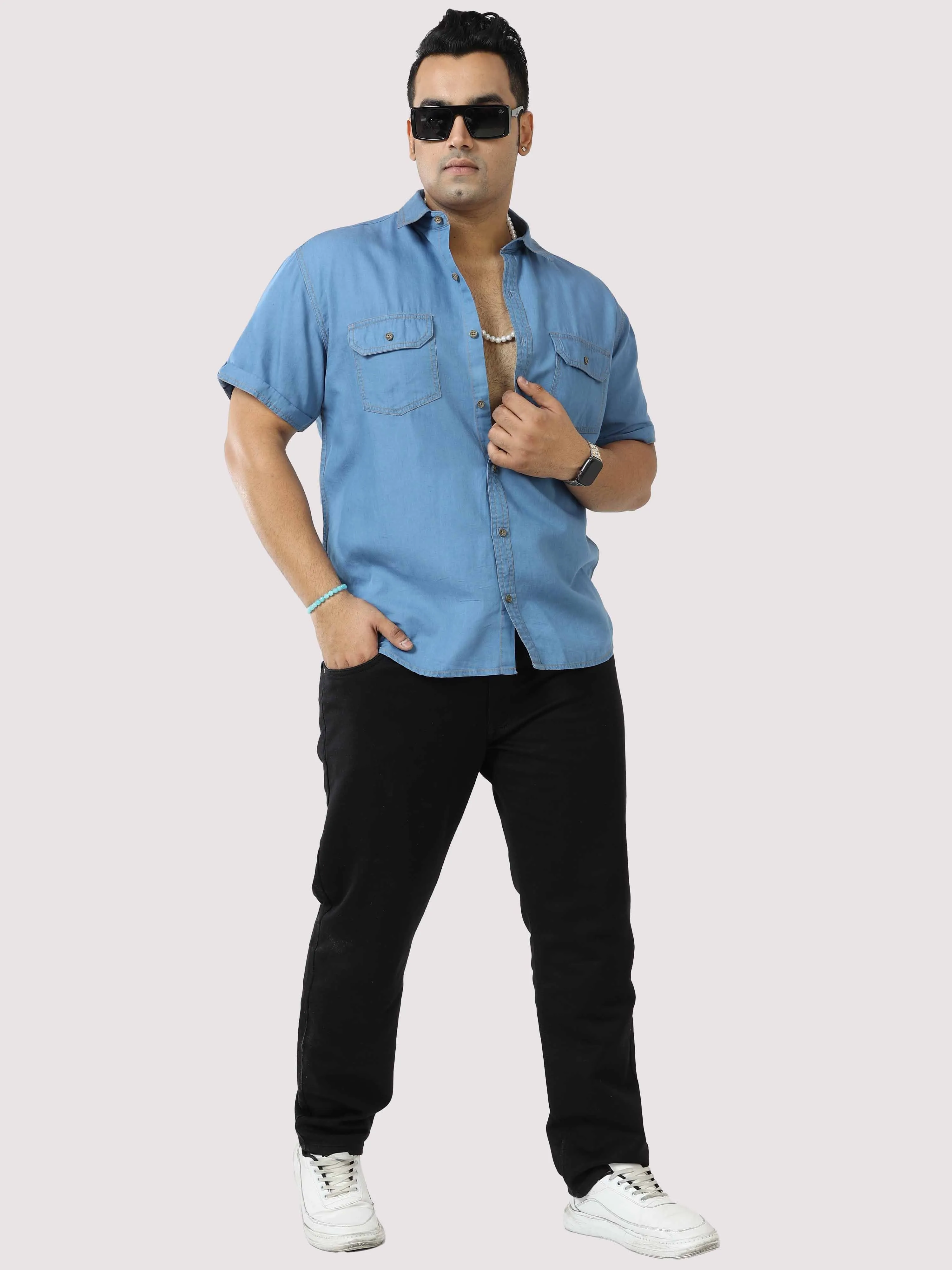 Blue Denim Double Pocket Half Sleeve Shirt Men's Plus Size