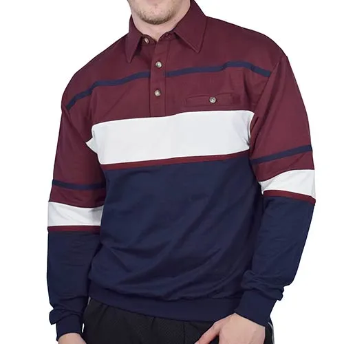 Classics by Palmland Horizontal Stripes Long Sleeve Banded Bottom Shirt 6094-736 Big and Tall Burgundy