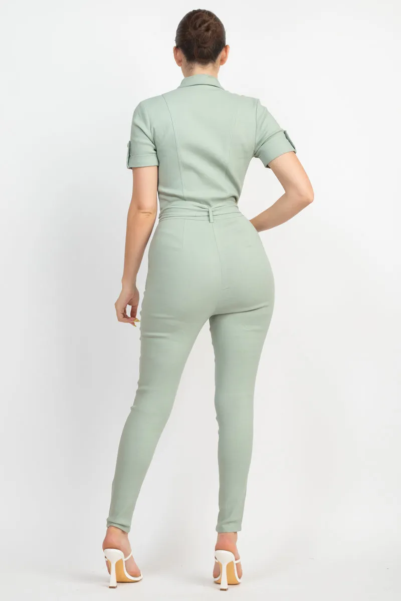 COLLARED WAIST TIE BUTTONED JUMPSUIT