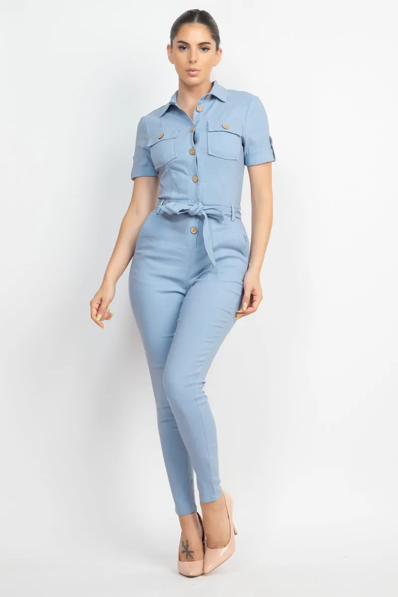 COLLARED WAIST TIE BUTTONED JUMPSUIT