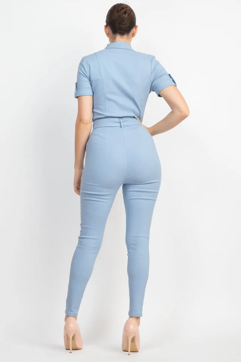 COLLARED WAIST TIE BUTTONED JUMPSUIT