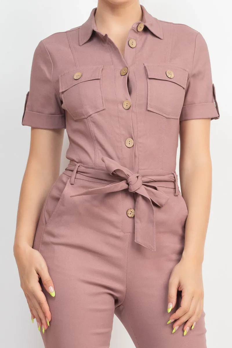 COLLARED WAIST TIE BUTTONED JUMPSUIT