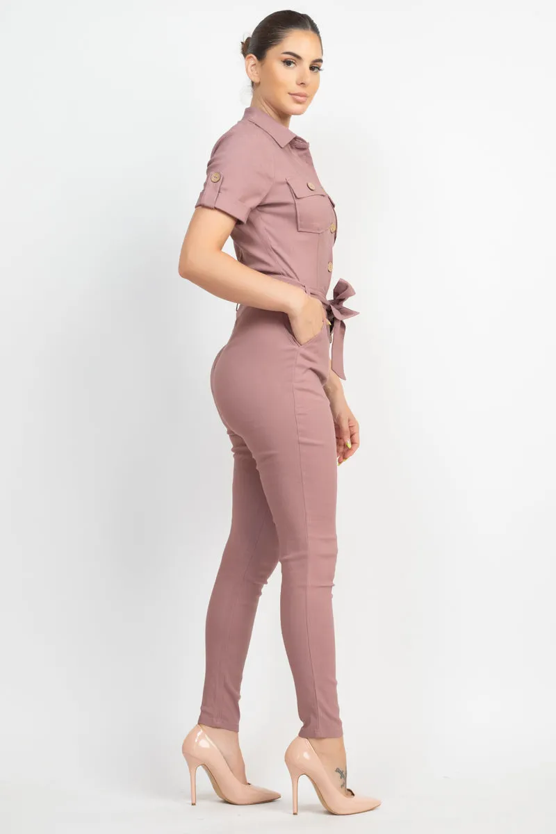 COLLARED WAIST TIE BUTTONED JUMPSUIT