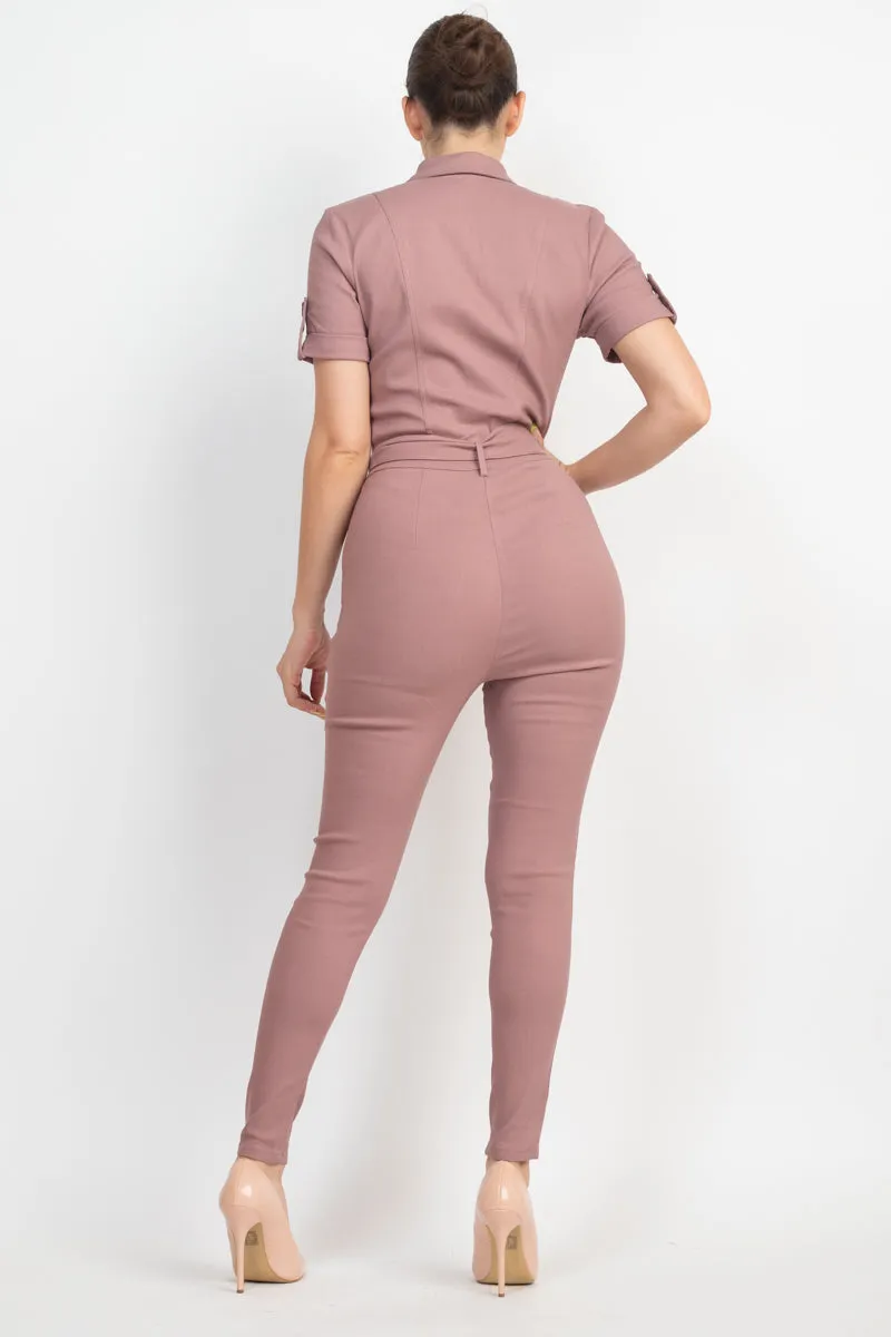 COLLARED WAIST TIE BUTTONED JUMPSUIT