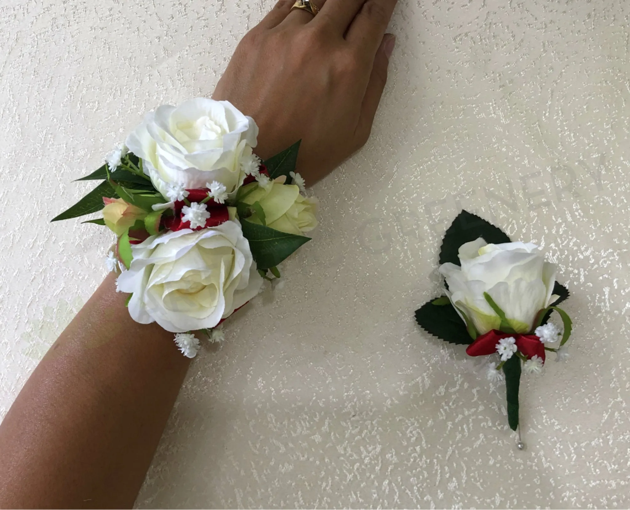 Corsage & Buttonhole - White Roses with Burgundy Ribbons - CB0010 - $56/set