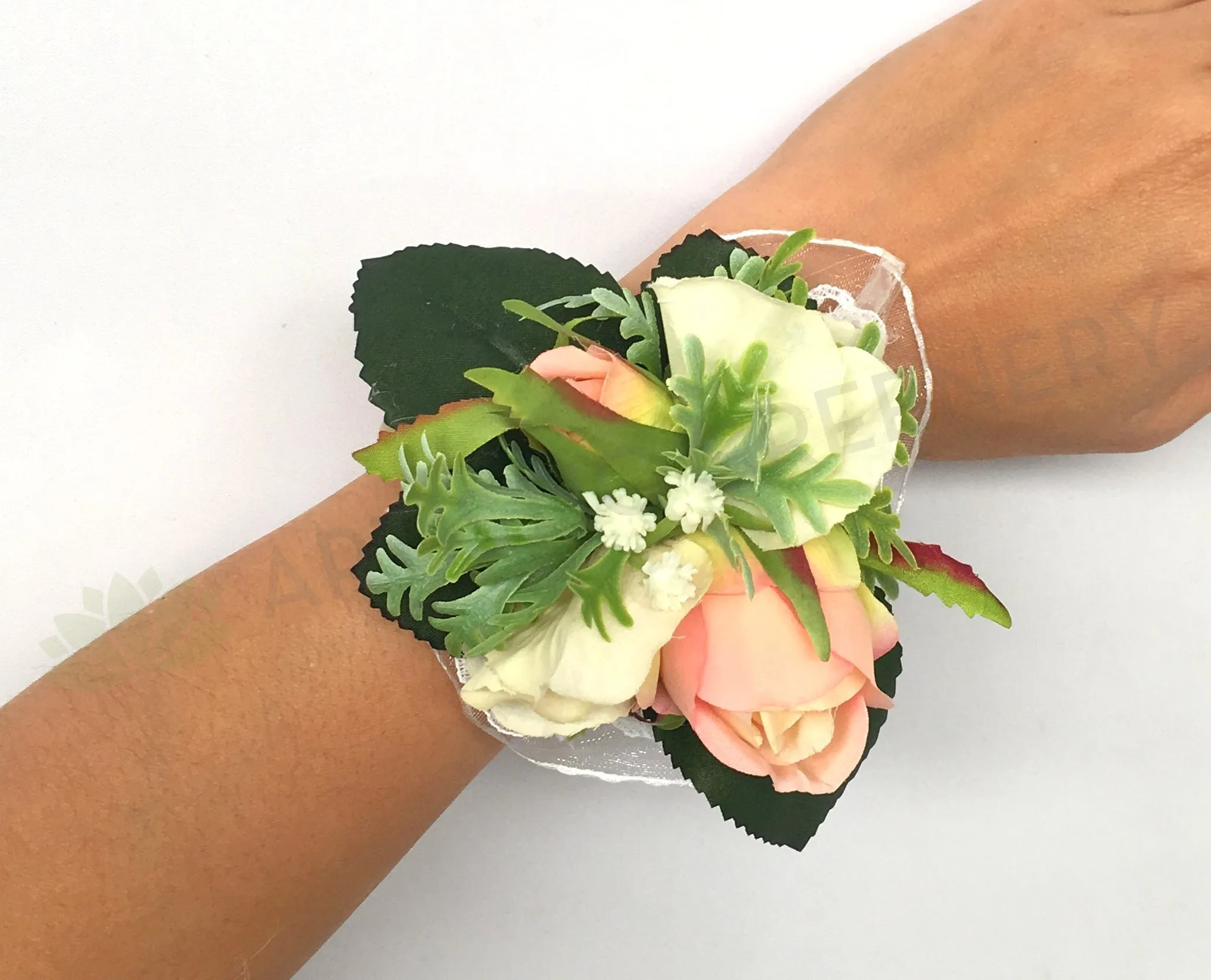 Corsage - Roses with Gypsophila & Dusty Miller - Saska B