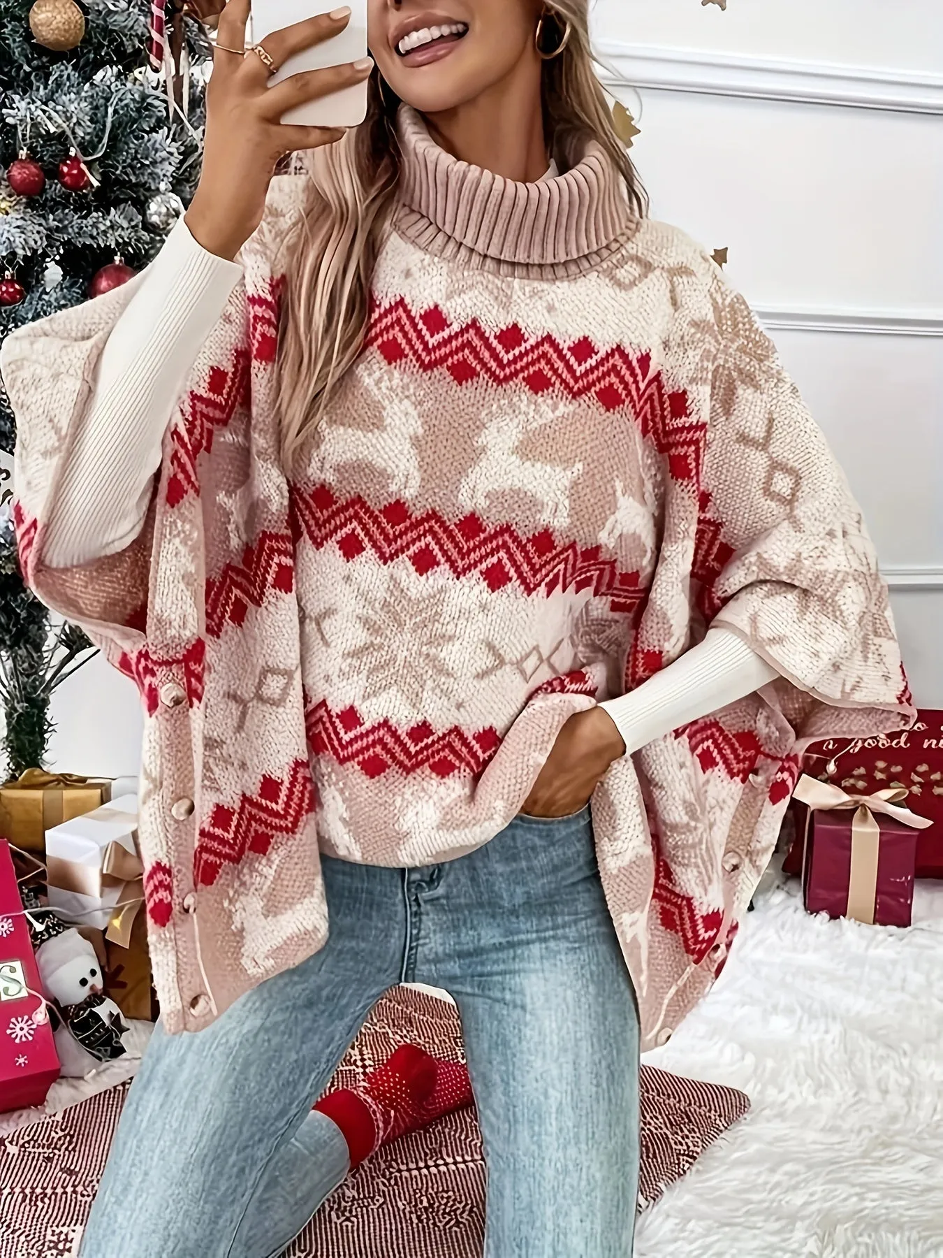 Cozy Plus-Size Christmas Tree Print Turtleneck Sweater for Women - Casual Polyester Knit, Perfect for Fall/Winter