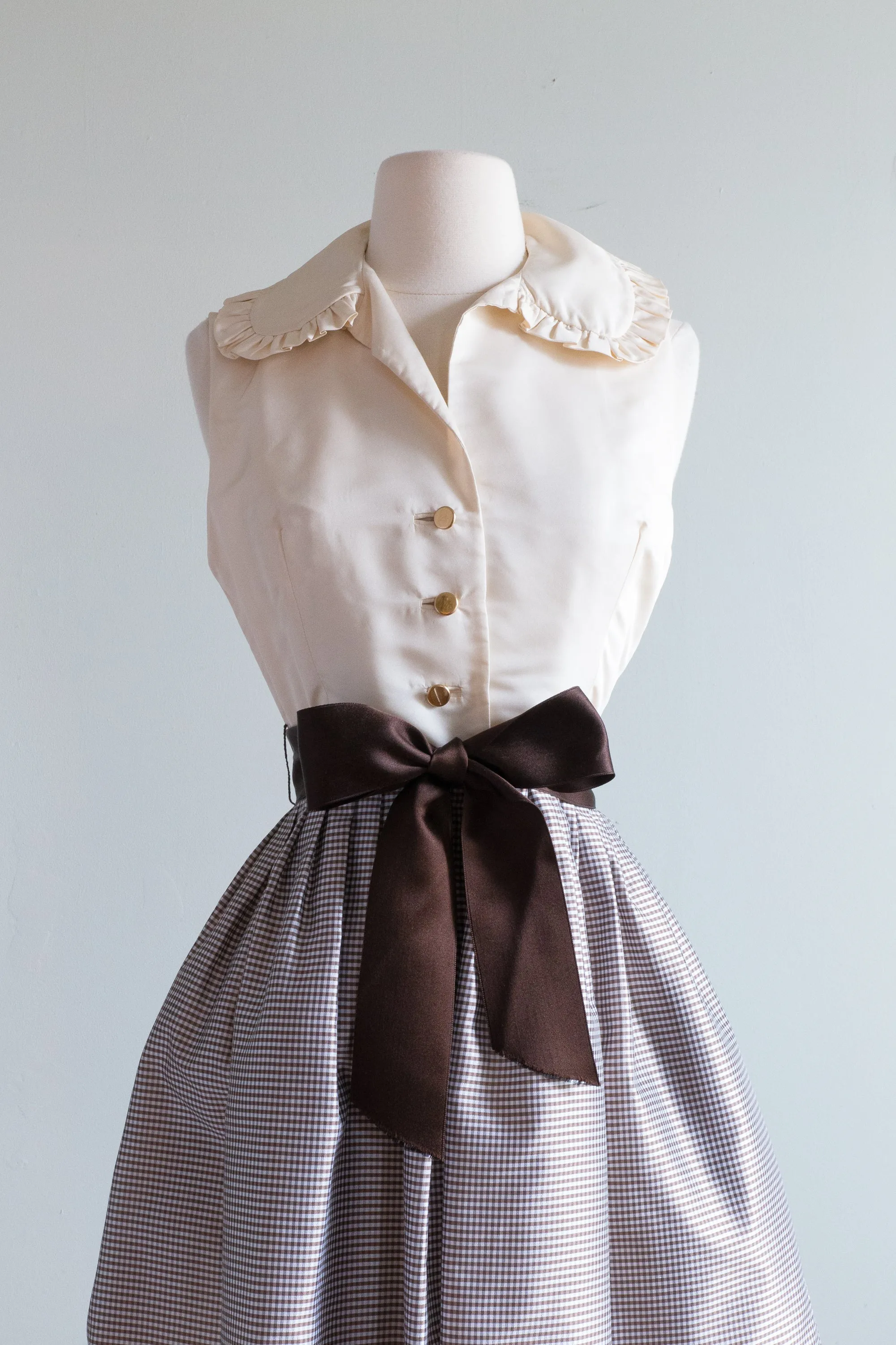 Darling 1960's Coffee & Cream Silk Gingham Dress With Pockets / SM