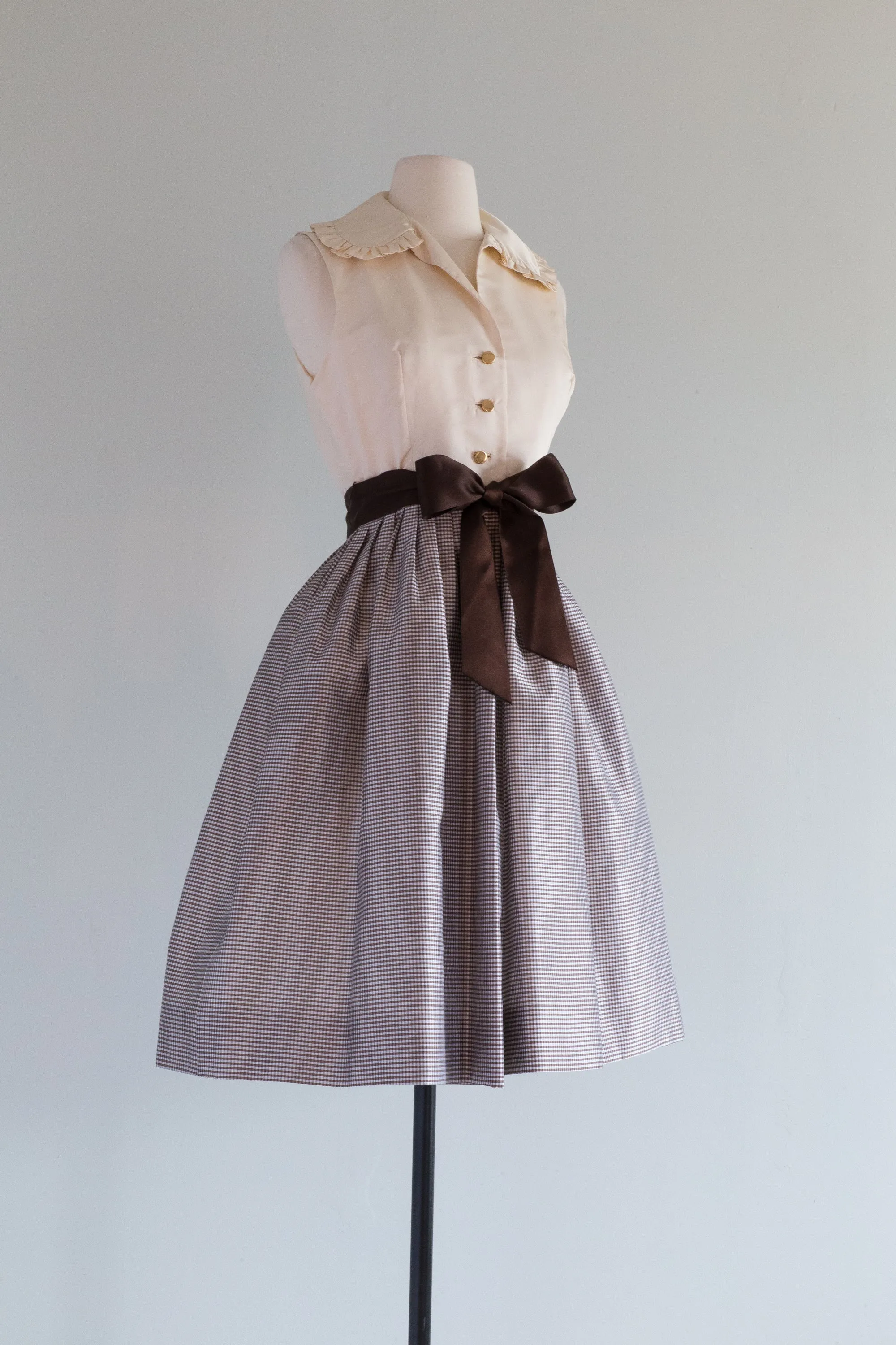 Darling 1960's Coffee & Cream Silk Gingham Dress With Pockets / SM