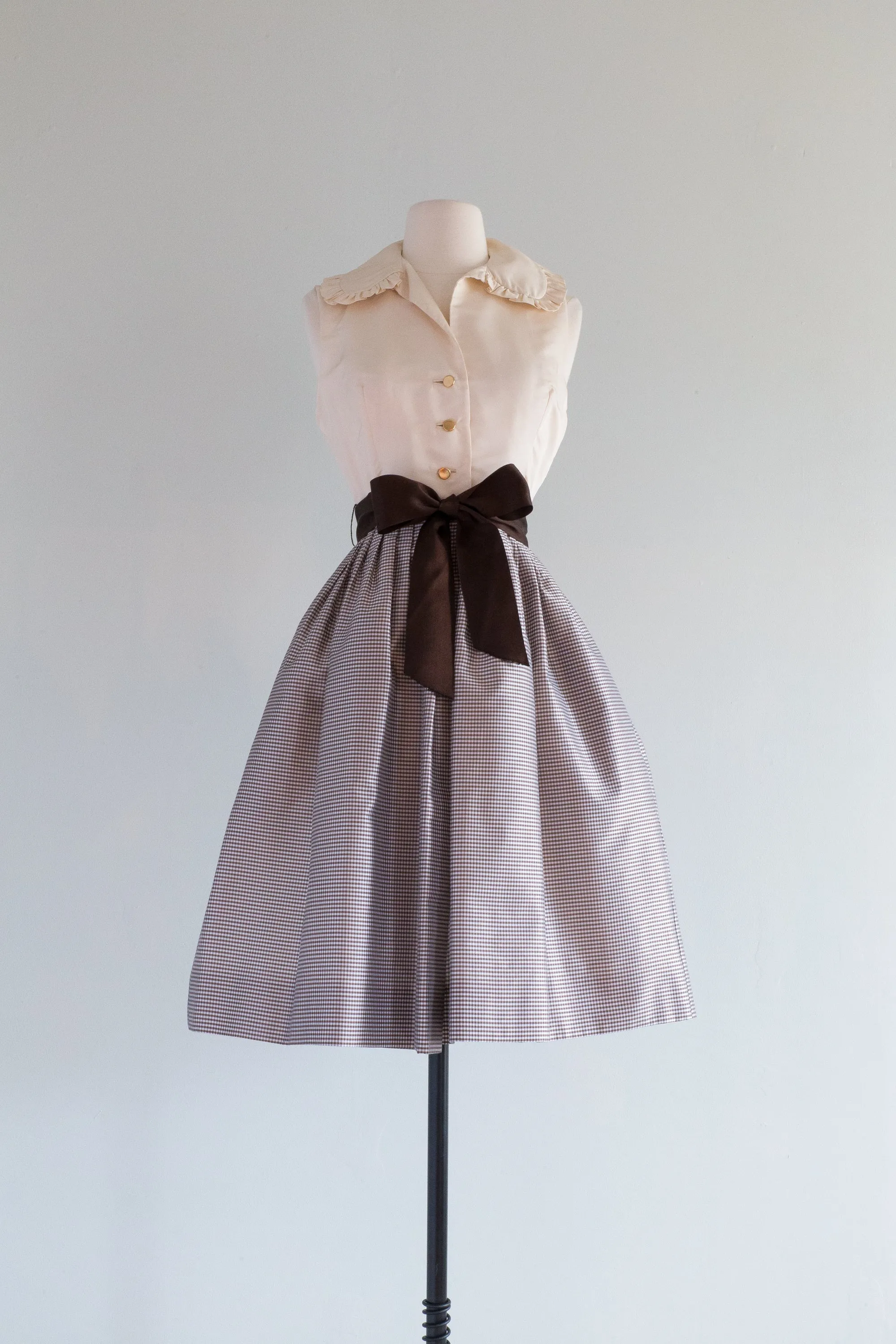 Darling 1960's Coffee & Cream Silk Gingham Dress With Pockets / SM