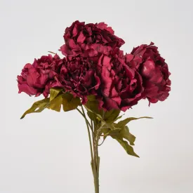 Dried Look Wine Red Silk Peony Blooms Bush Bouquet - 17"