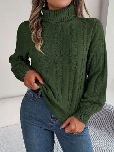 Explore More Collection - Cable-Knit Turtleneck Dropped Shoulder Sweater