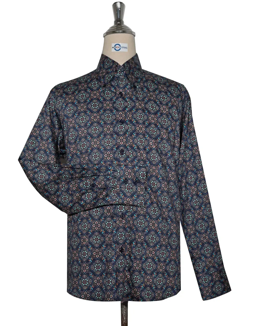 Floral Shirt - 60s  Style Navy Blue Floral Shirt