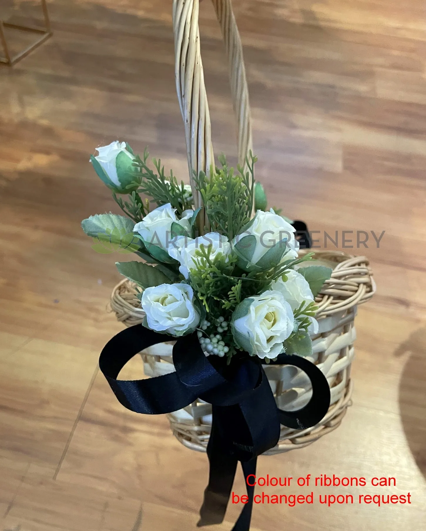 Flower Girl Basket Decorated with Flowers & Ribbon (Code: FGB001)