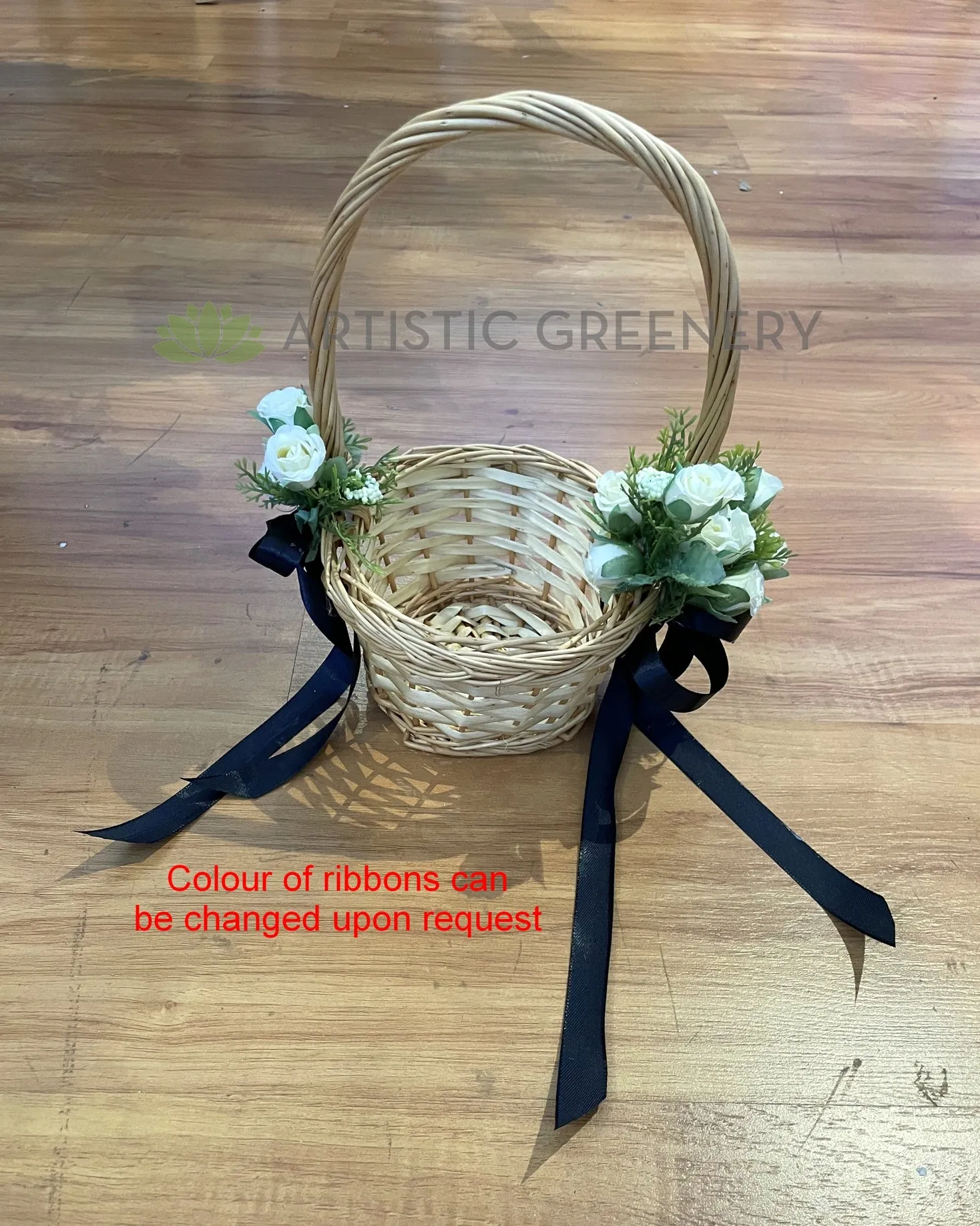 Flower Girl Basket Decorated with Flowers & Ribbon (Code: FGB001)