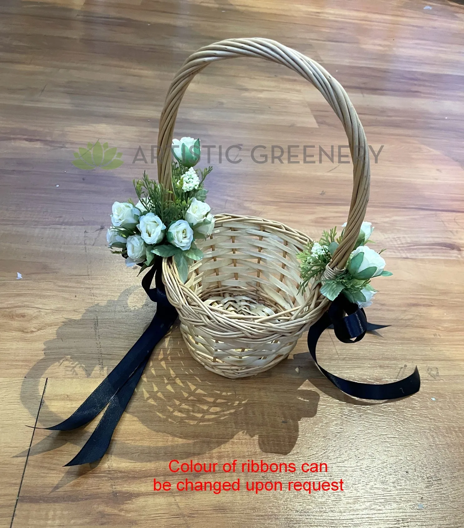 Flower Girl Basket Decorated with Flowers & Ribbon (Code: FGB001)