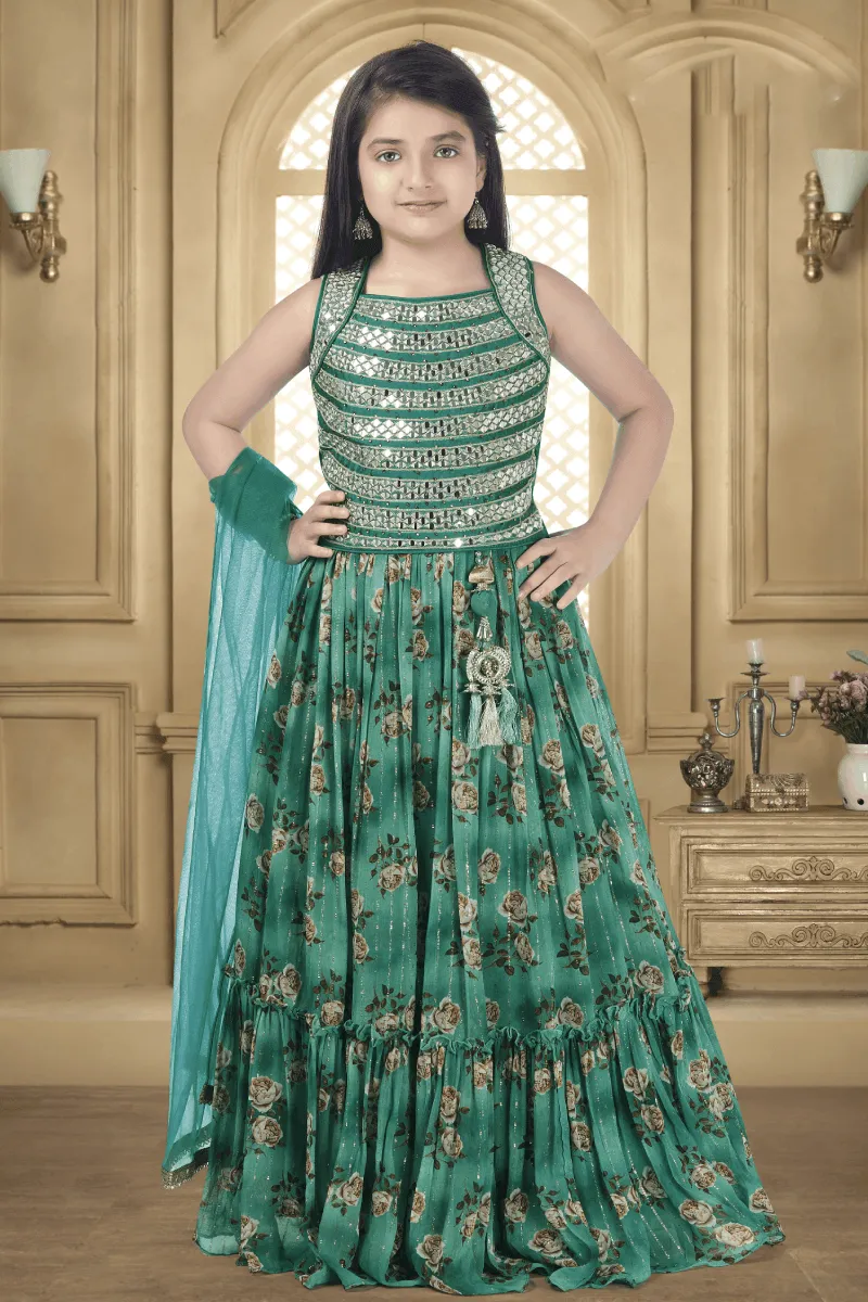 Green Mirror and Zari work with Floral Print Lehenga Choli for Girls