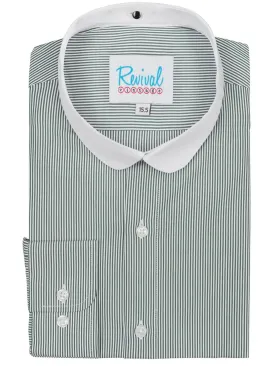 Green Stripe Collarless Grandad Shirt with Detachable Club Collar