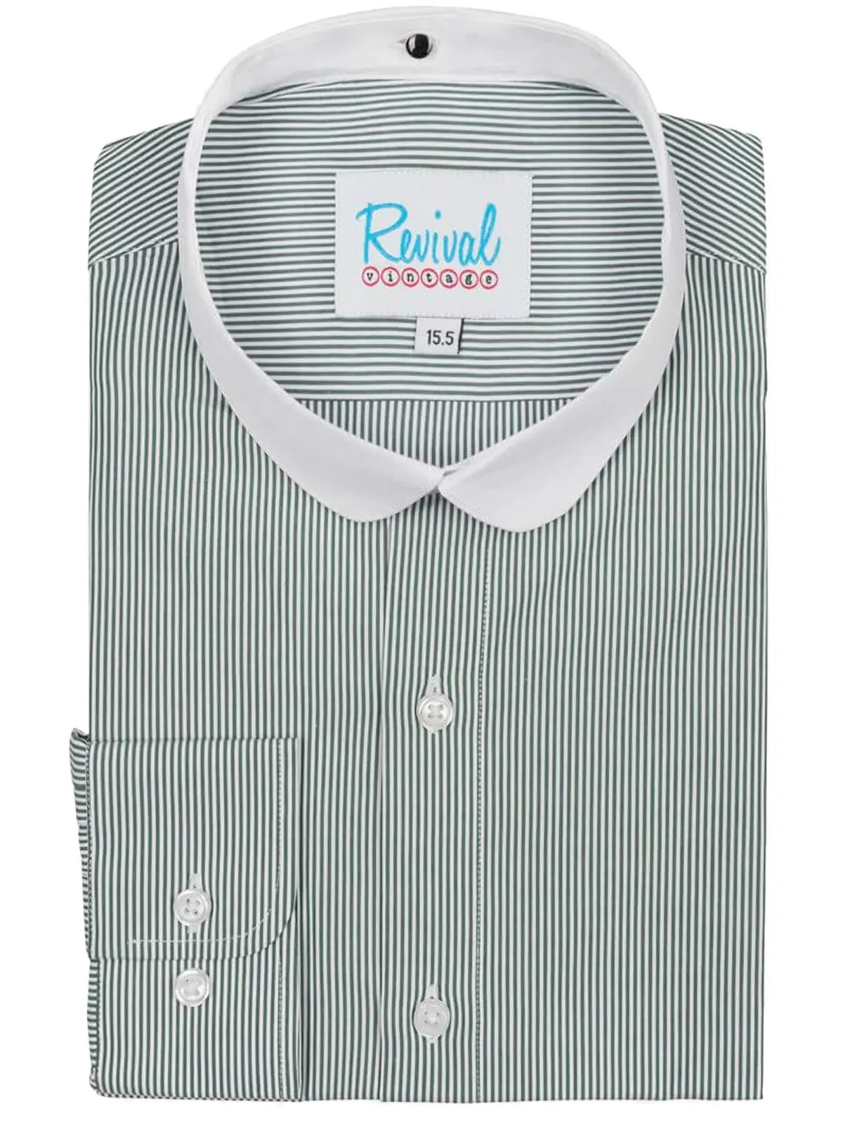 Green Stripe Collarless Grandad Shirt with Detachable Club Collar