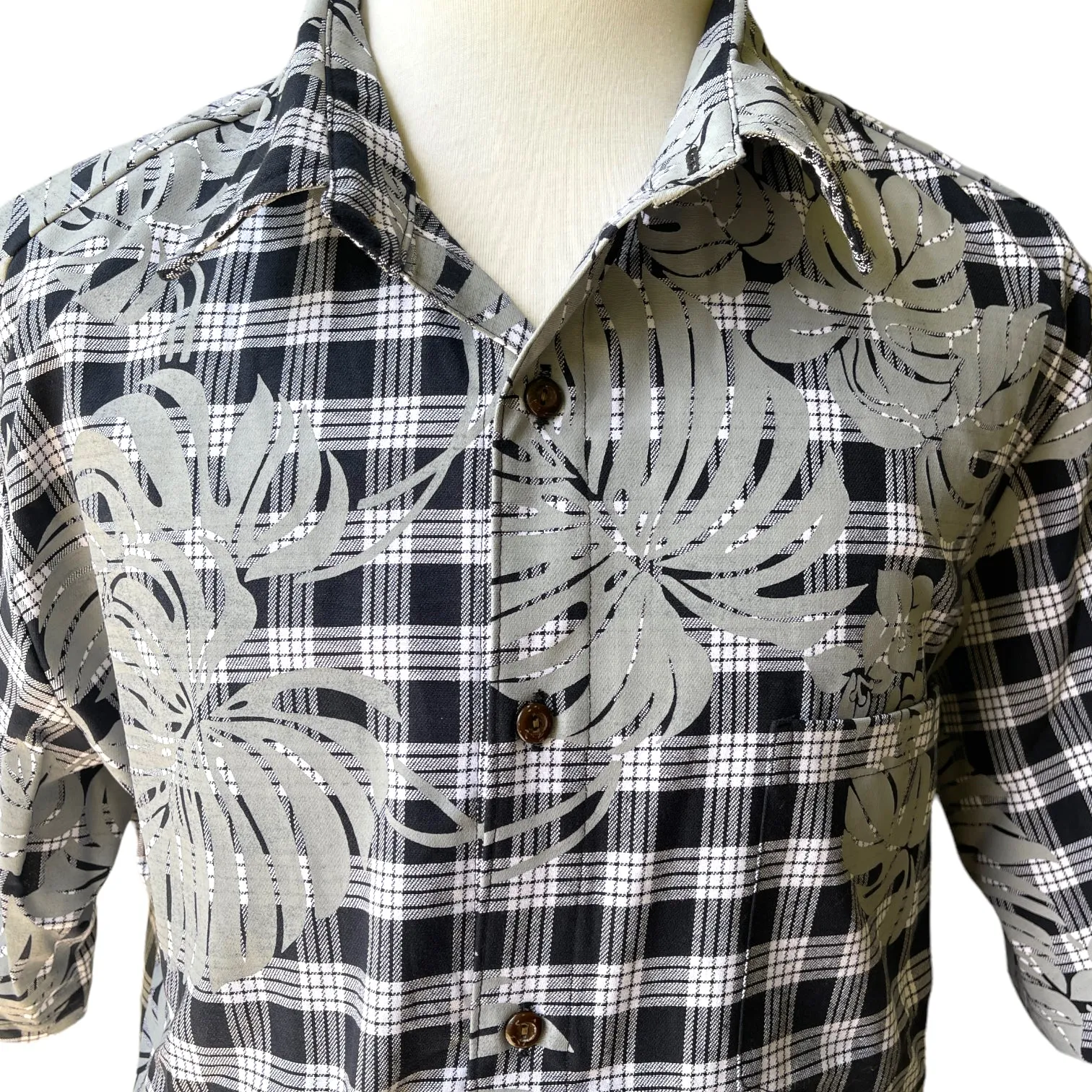 Hawaiian Vintage Style Palaka Shirt - Black with Monstera Print 018