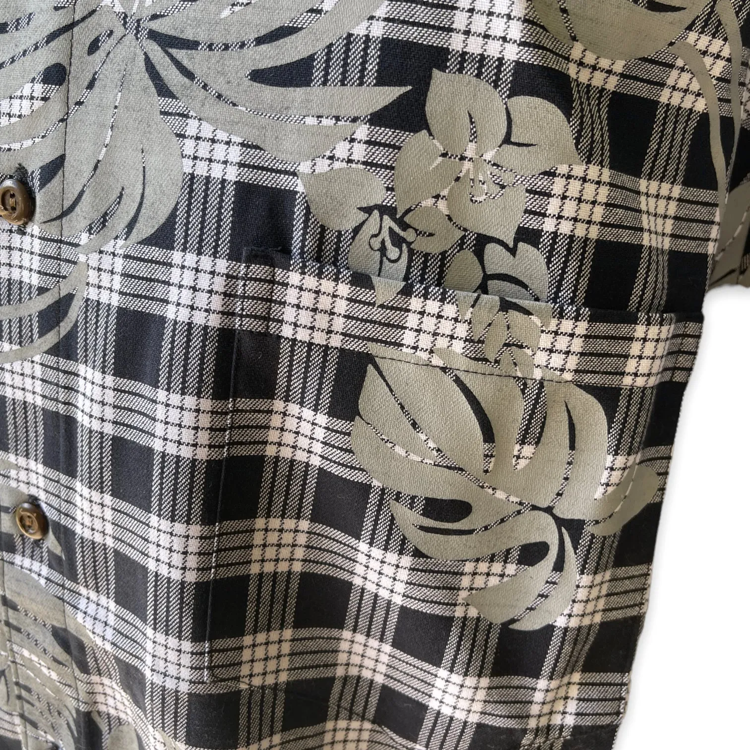 Hawaiian Vintage Style Palaka Shirt - Black with Monstera Print 018