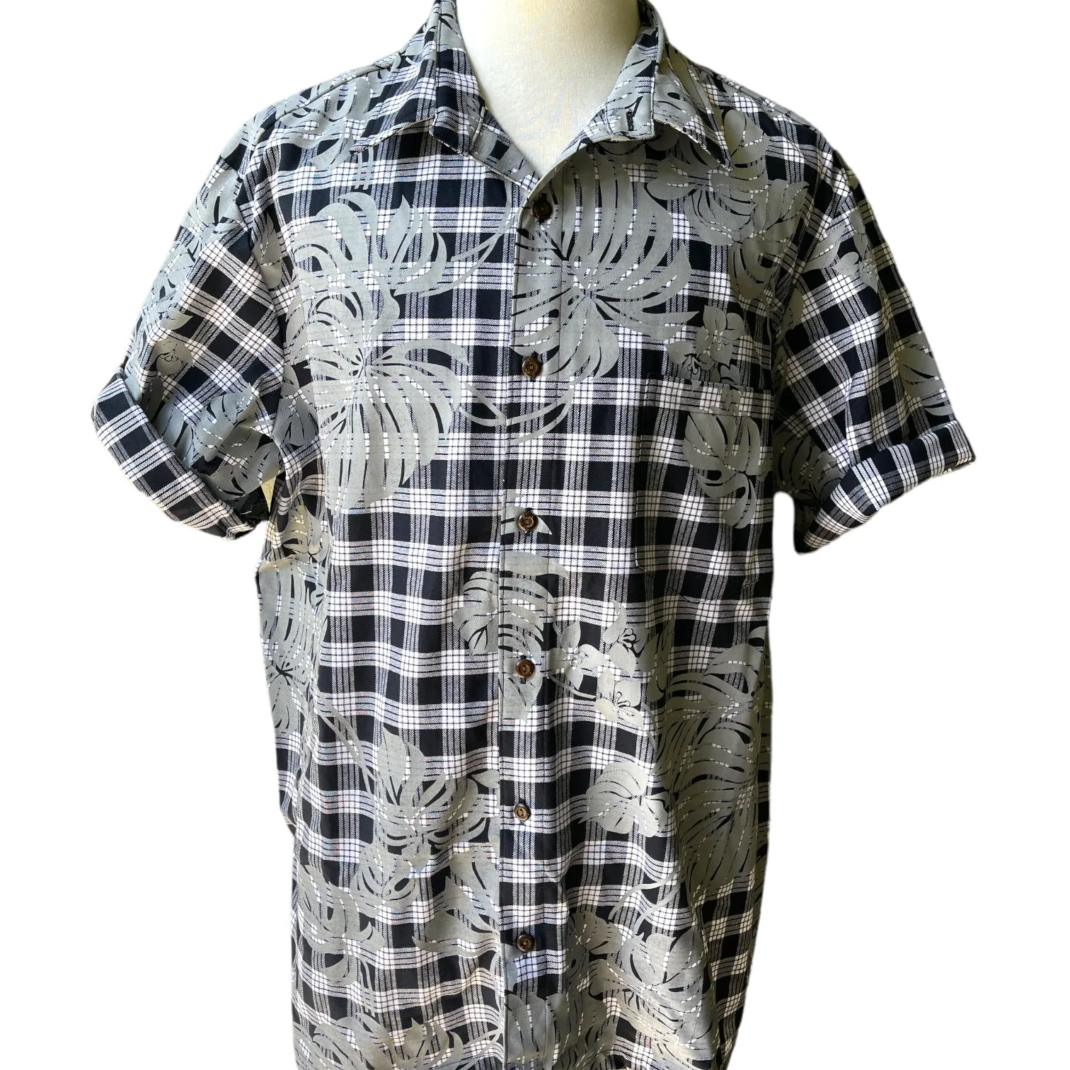 Hawaiian Vintage Style Palaka Shirt - Black with Monstera Print 018