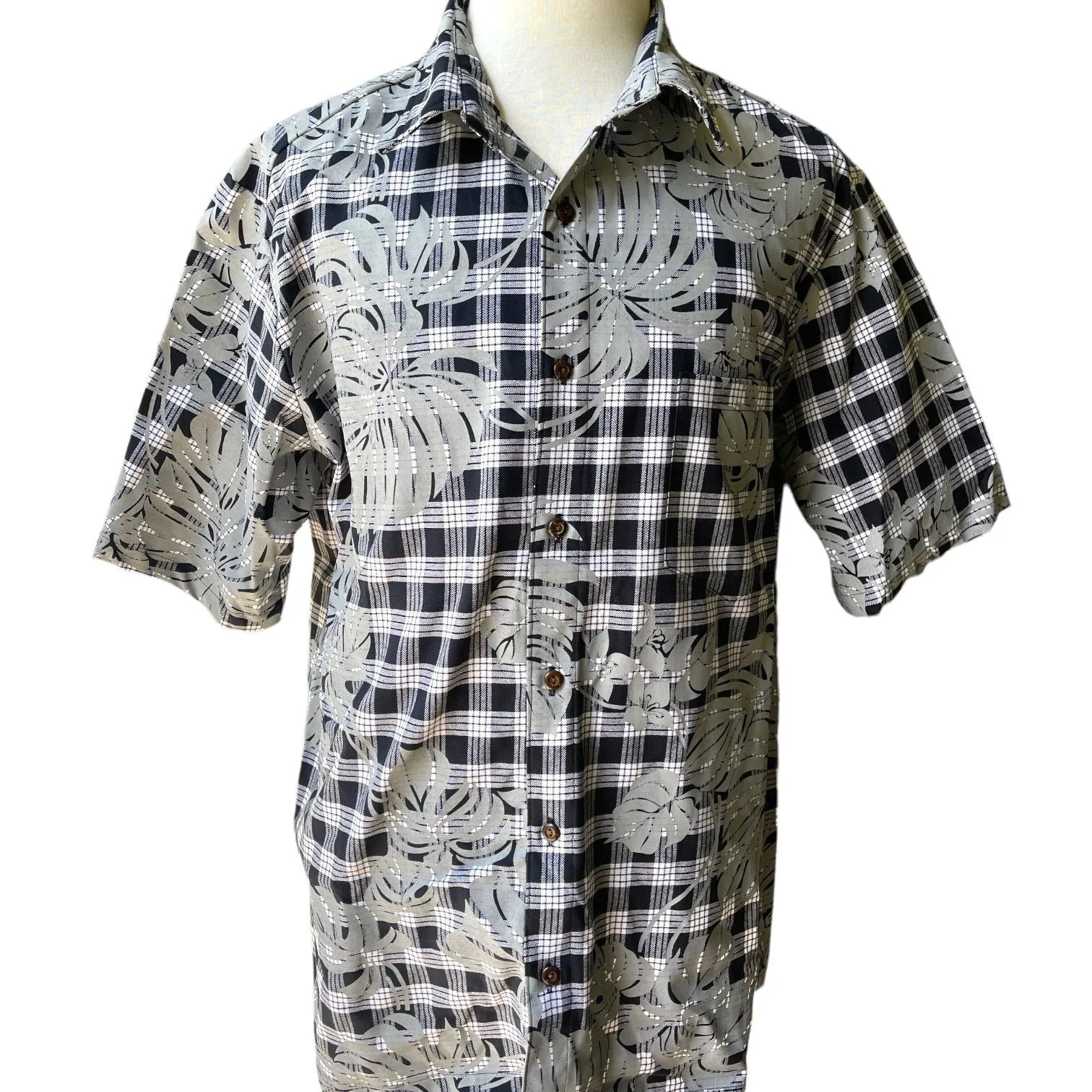 Hawaiian Vintage Style Palaka Shirt - Black with Monstera Print 018