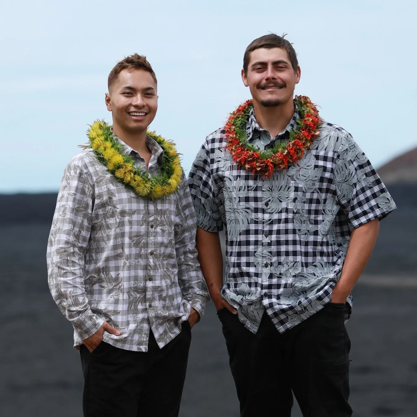 Hawaiian Vintage Style Palaka Shirt - Black with Monstera Print 018